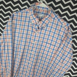 Peter Millar Mens Gingham Check Button Down Shirt Blue Coral Large L Long Sleeve